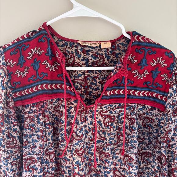 Vintage 70's Pinot Noir India Cotton Guaze Block Print Boho Hippie Shirt Size M - Picture 2 of 7